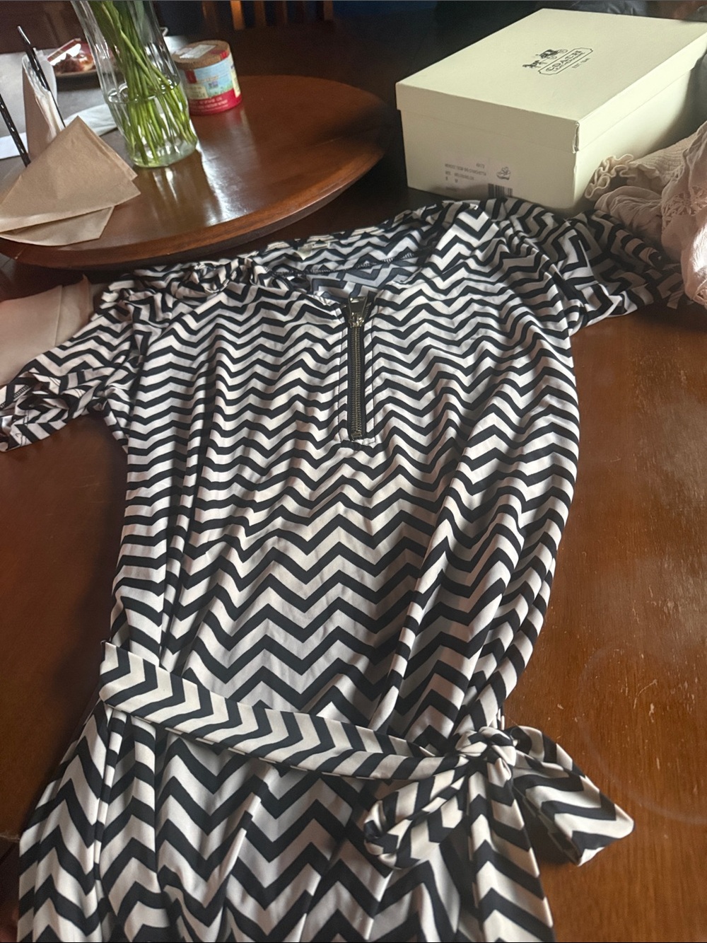 Tacera Black and White Chevron Belted Dress
